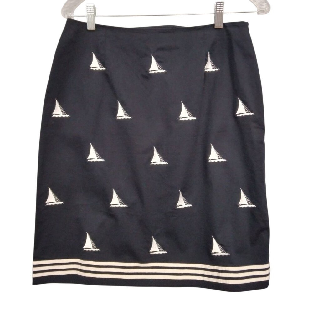 Talbots | Vintage Navy Blue Stretch White Embroidered Sailboat Skirt | Size 10